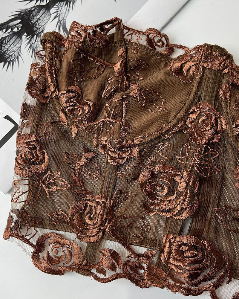 Floral Strapless Tube Top Boned Mesh Bustier