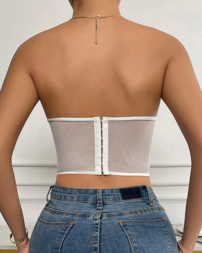 Floral Strapless Tube Top Boned Mesh Bustier