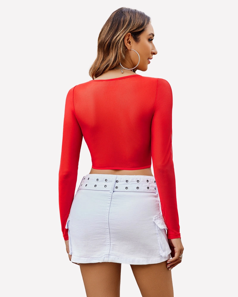 Lace Crop Top Long Sleeve Sheer Blouse