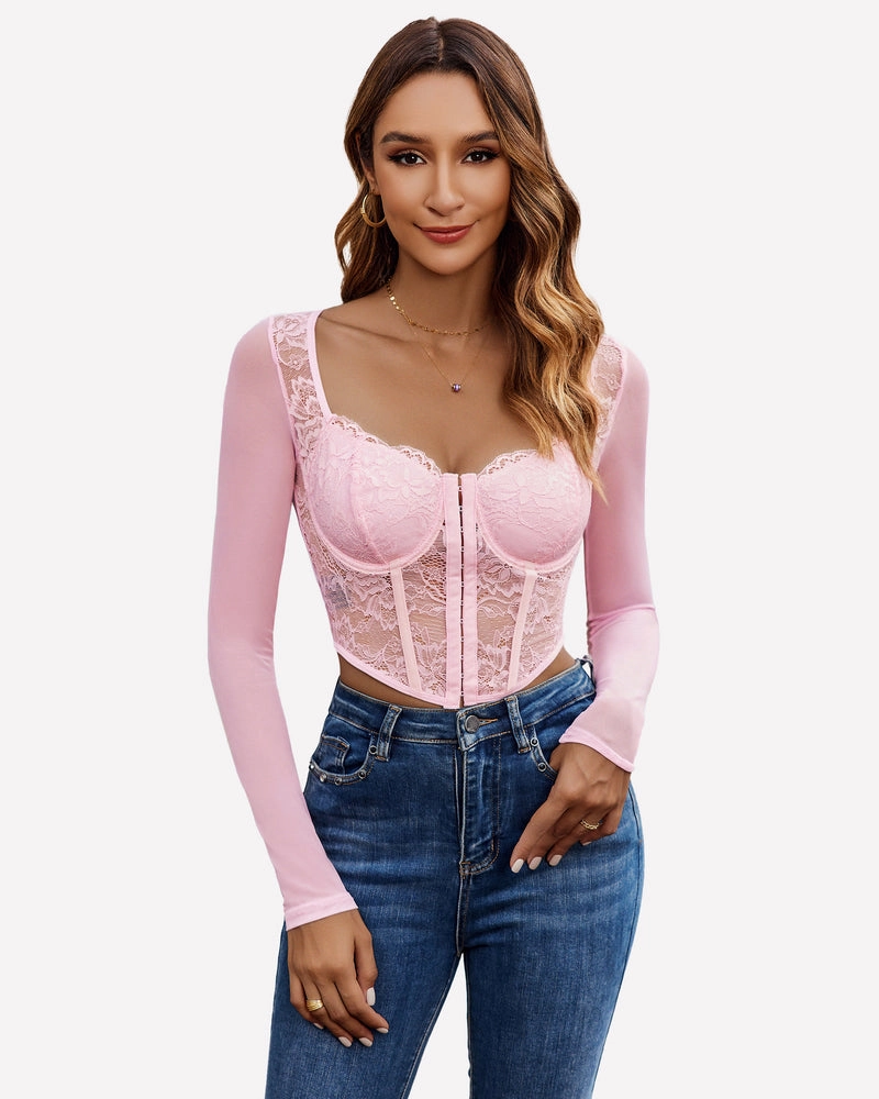 Lace Crop Top Long Sleeve Sheer Blouse
