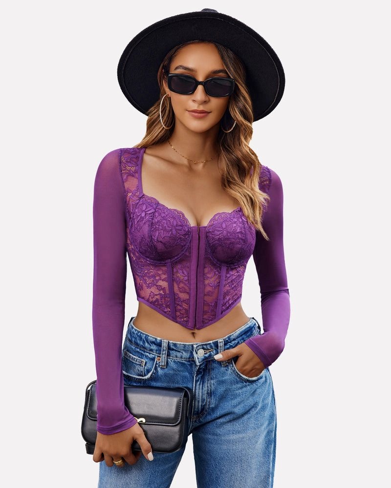 Lace Crop Top Long Sleeve Sheer Blouse