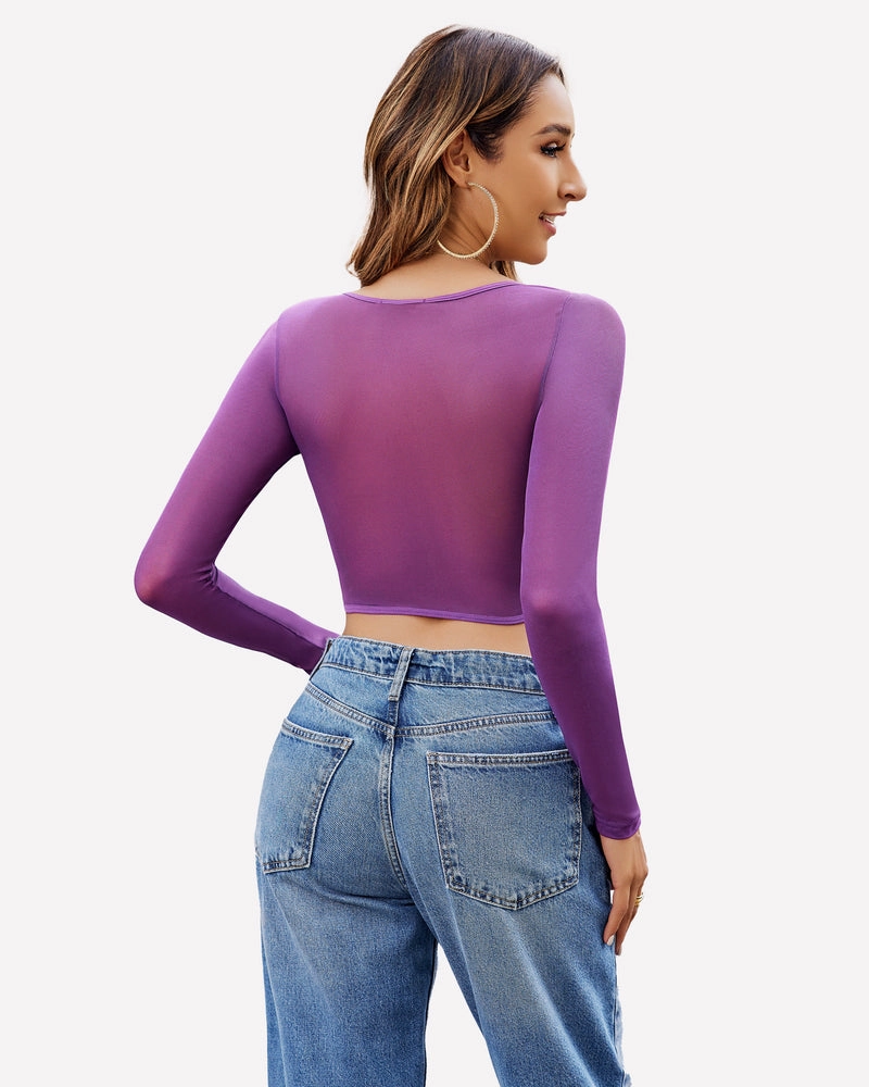 Lace Crop Top Long Sleeve Sheer Blouse