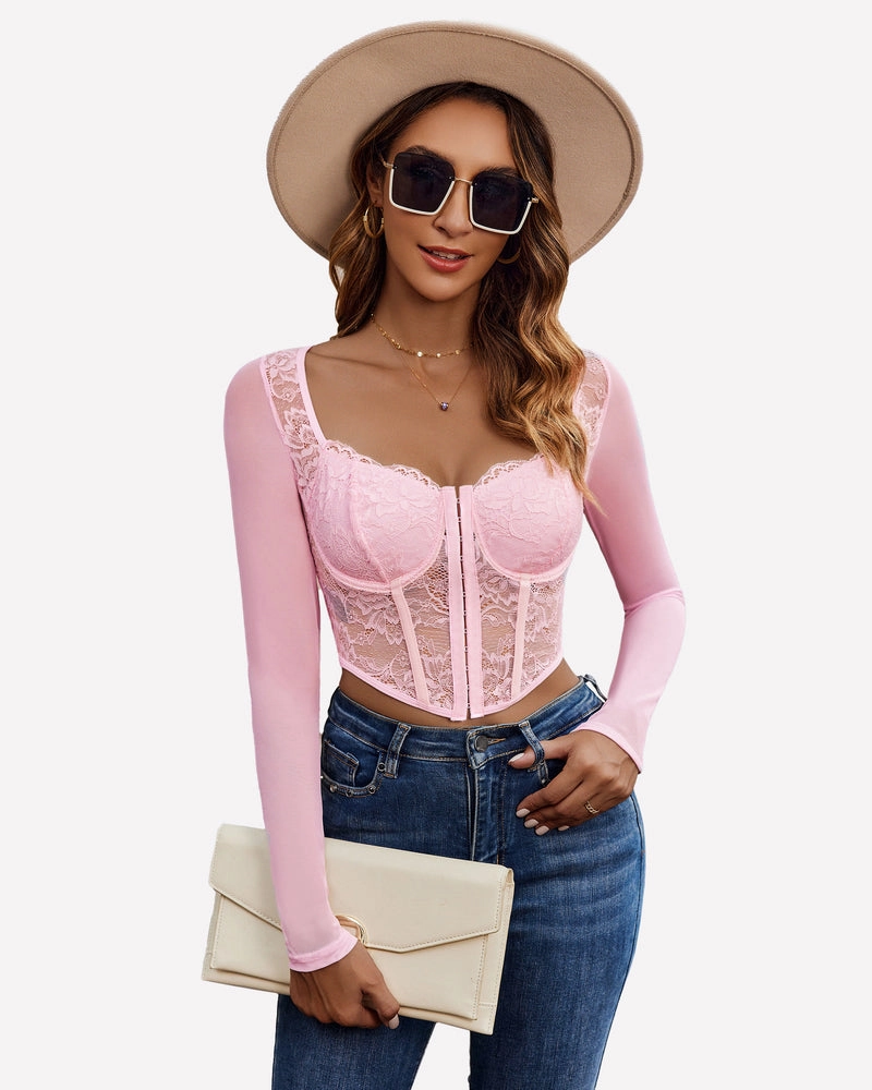 Lace Crop Top Long Sleeve Sheer Blouse