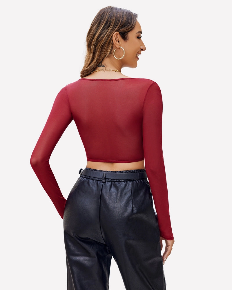 Lace Crop Top Long Sleeve Sheer Blouse
