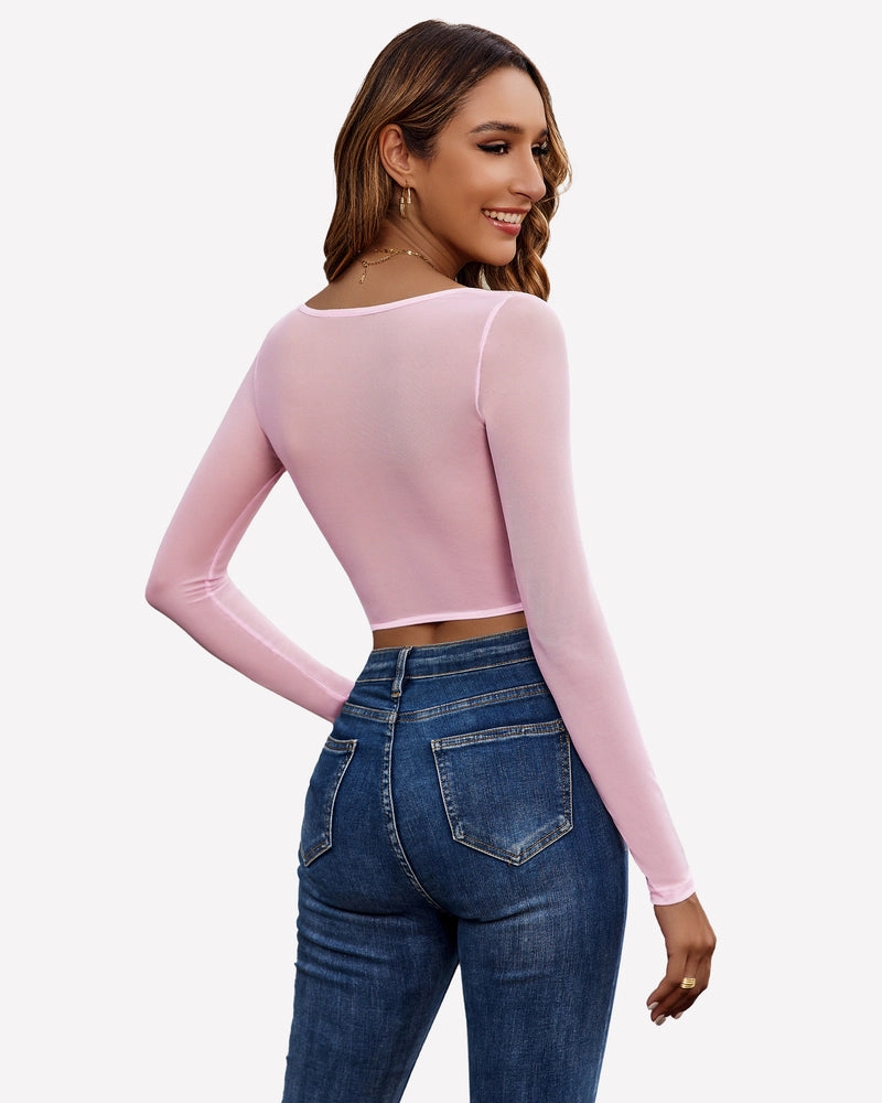 Lace Crop Top Long Sleeve Sheer Blouse