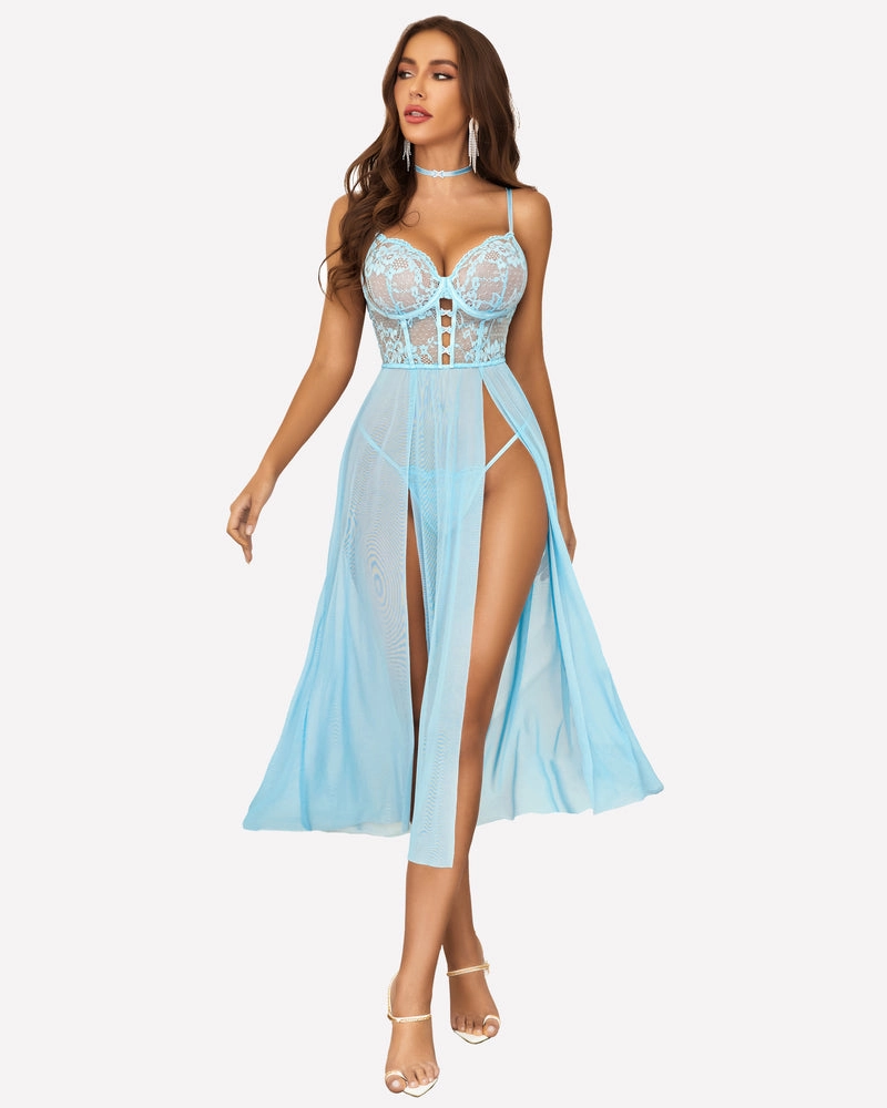 Lace Mesh Side Split Nightgown