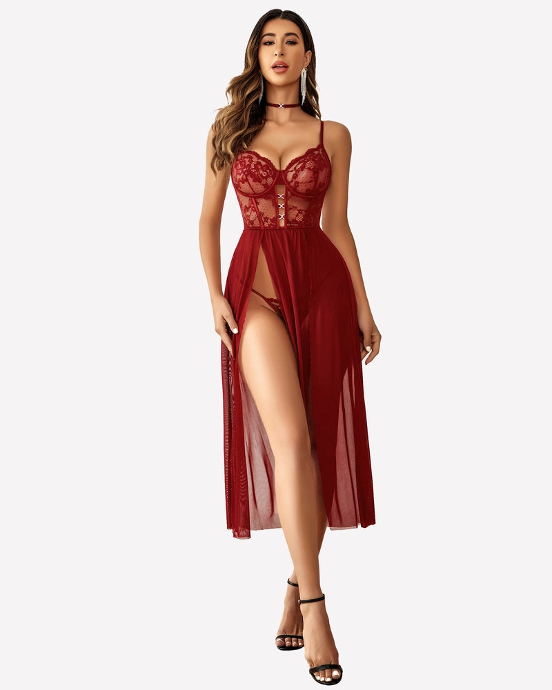 Lace Mesh Side Split Nightgown
