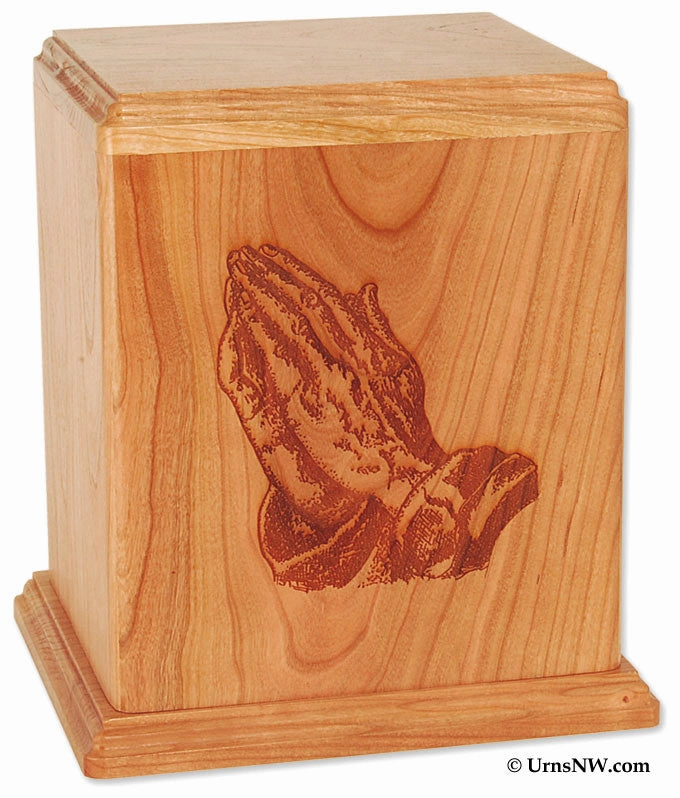 Laser Carved Wood Cremation Urn - Praying Hands (Made in USA)