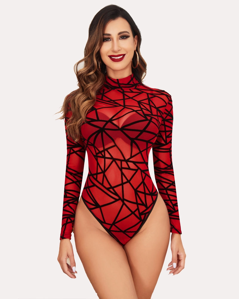 Long Sleeve Floral Turtleneck Sheer Bodysuit