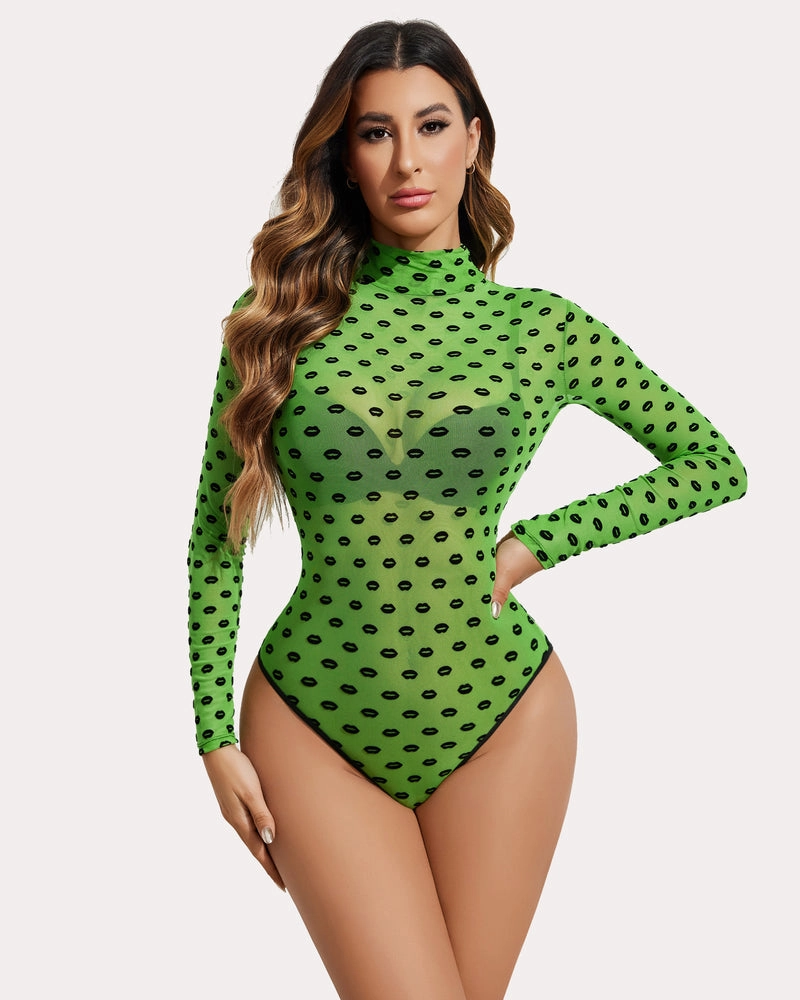Long Sleeve Floral Turtleneck Sheer Bodysuit