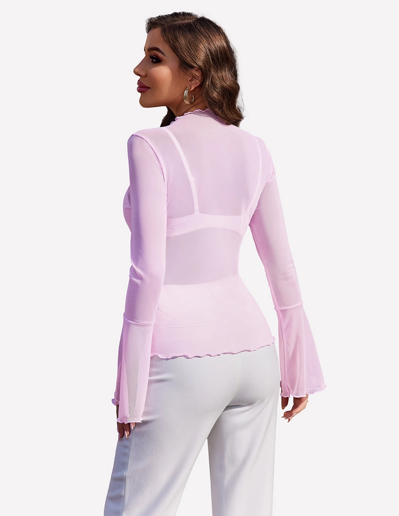 Mesh Tops Long Bell Sleeve Blouses