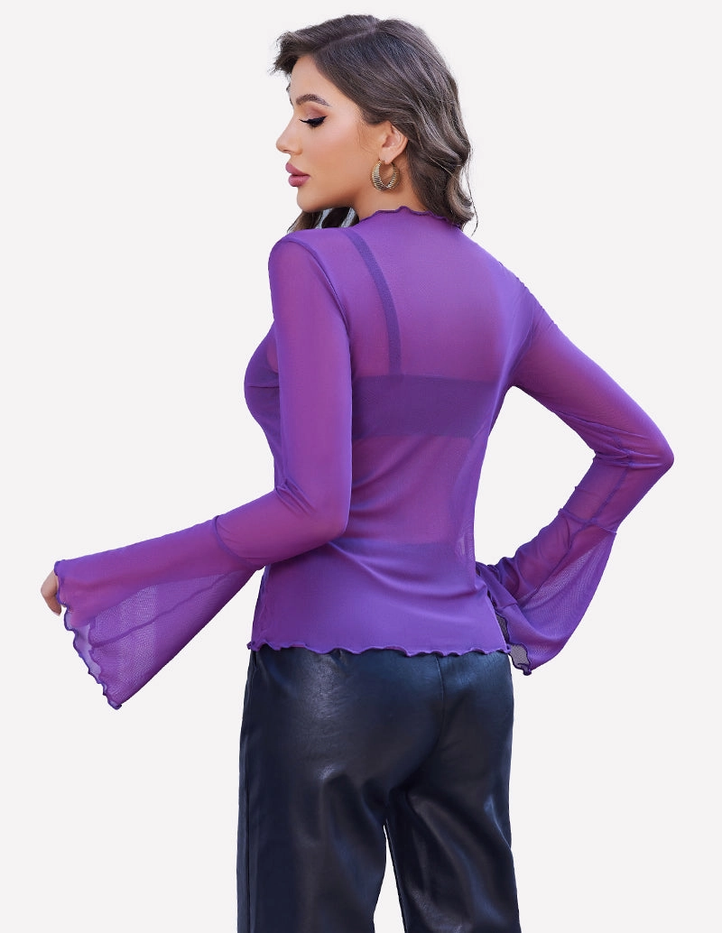 Mesh Tops Long Bell Sleeve Blouses