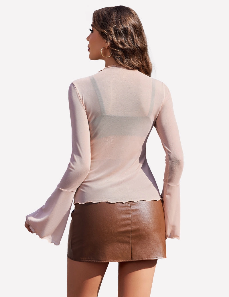 Mesh Tops Long Bell Sleeve Blouses