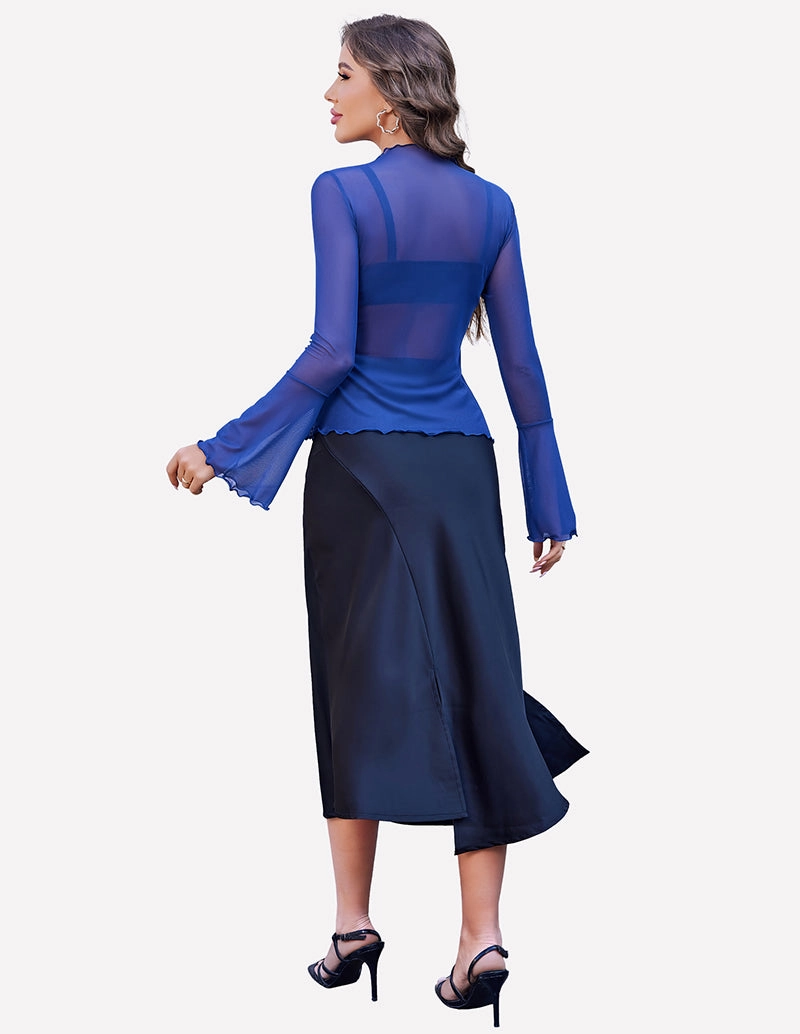 Mesh Tops Long Bell Sleeve Blouses