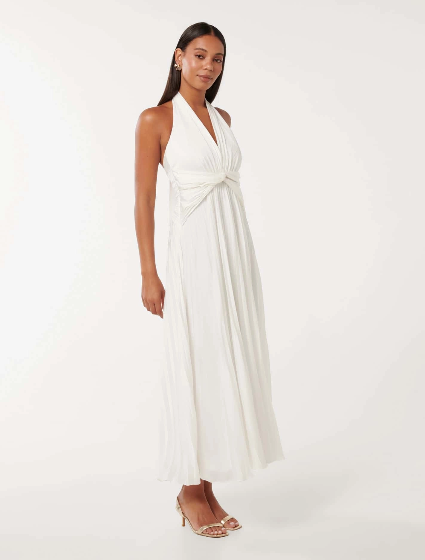 Natasha Pleated Satin Halter Maxi Dress