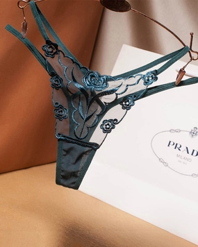 Rose Embroidery Thong Mesh Panties