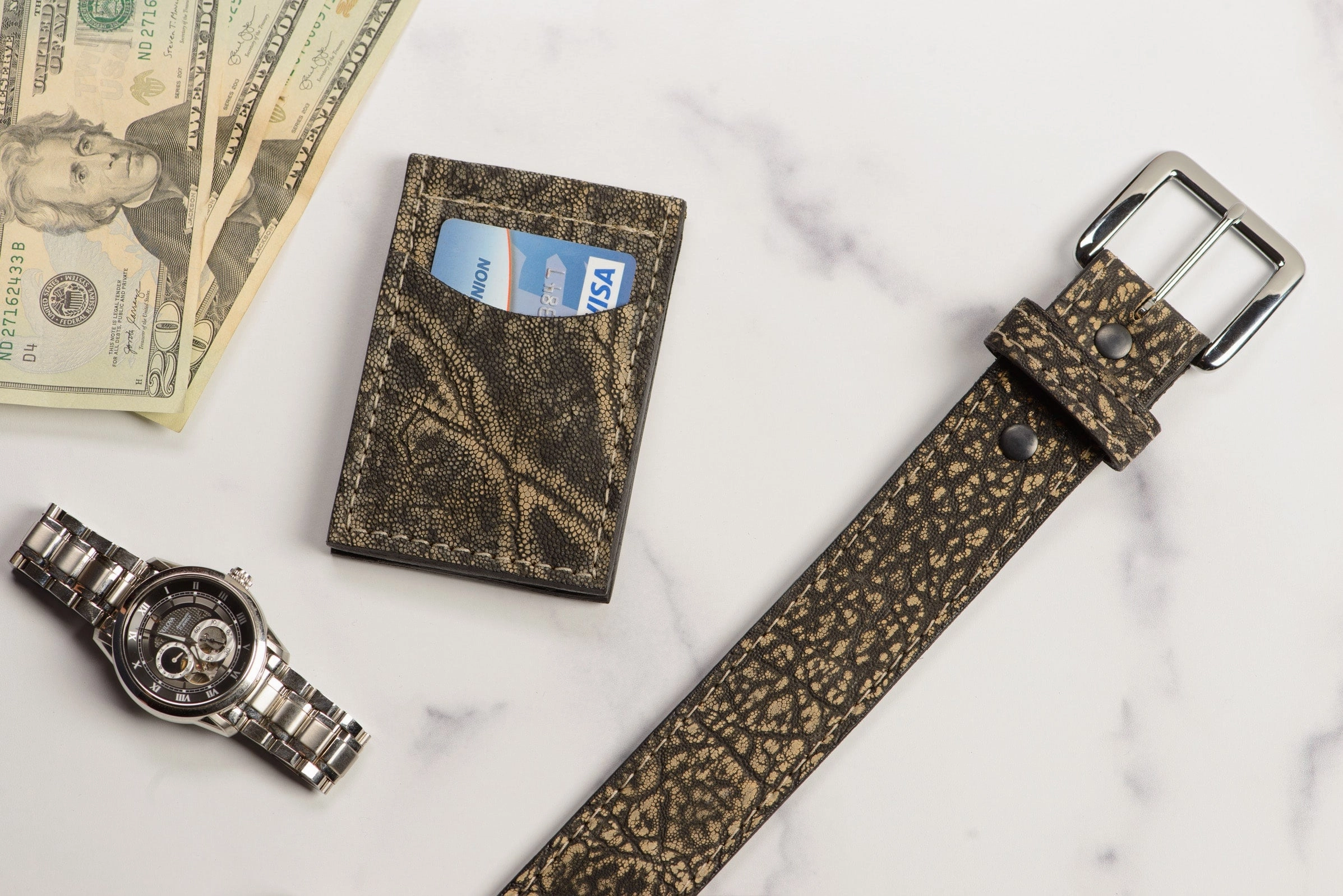 Tree Bark Elephant Bifold Slim Profile Wallet With Money Clip
