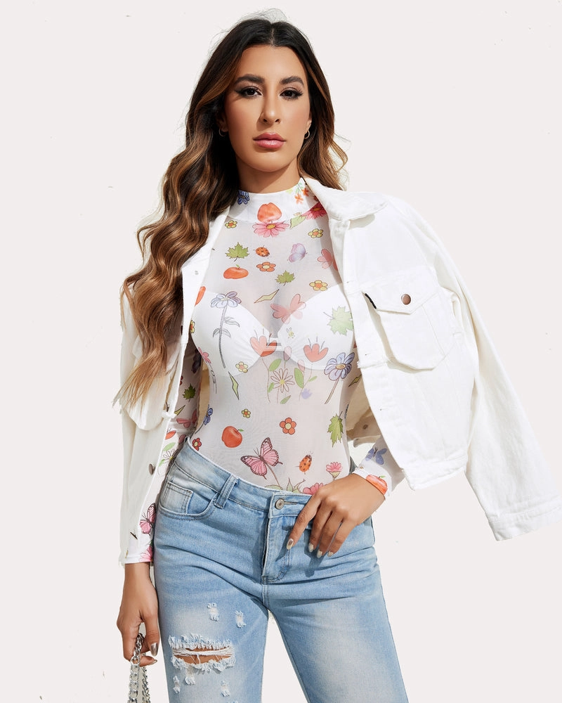 Turtleneck Sheer Mesh Bodysuit Geo Print Leotards