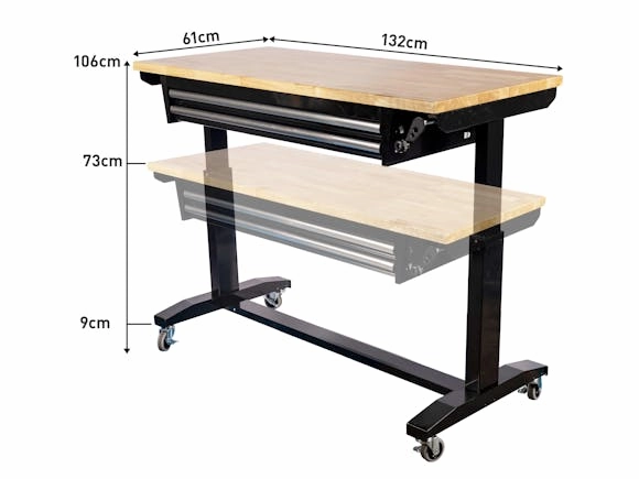 Workbench Height Adjustable 2 Drawer 132 x 61cm